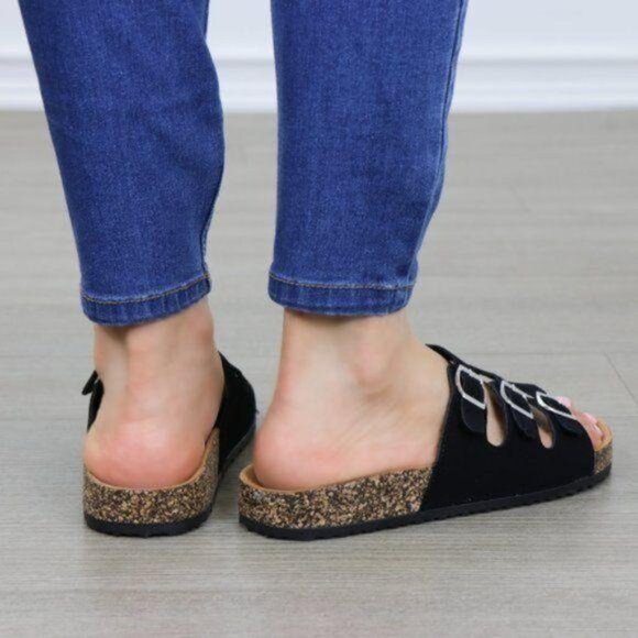 Black Velvet 3 Buckle Strap Slider Sandals - Picture 6 of 7